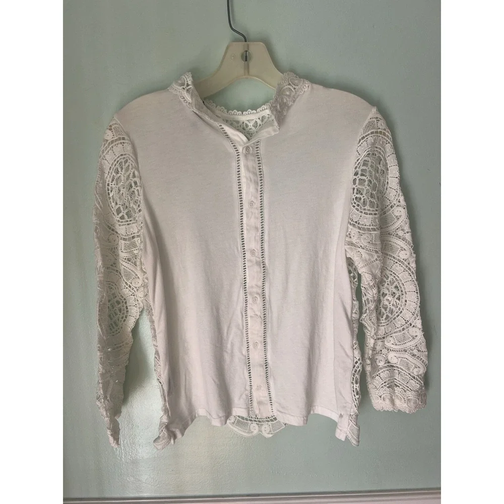 James Coviello Size XS Anthropologie Crochet‎ Lace White Long Sleeve Top